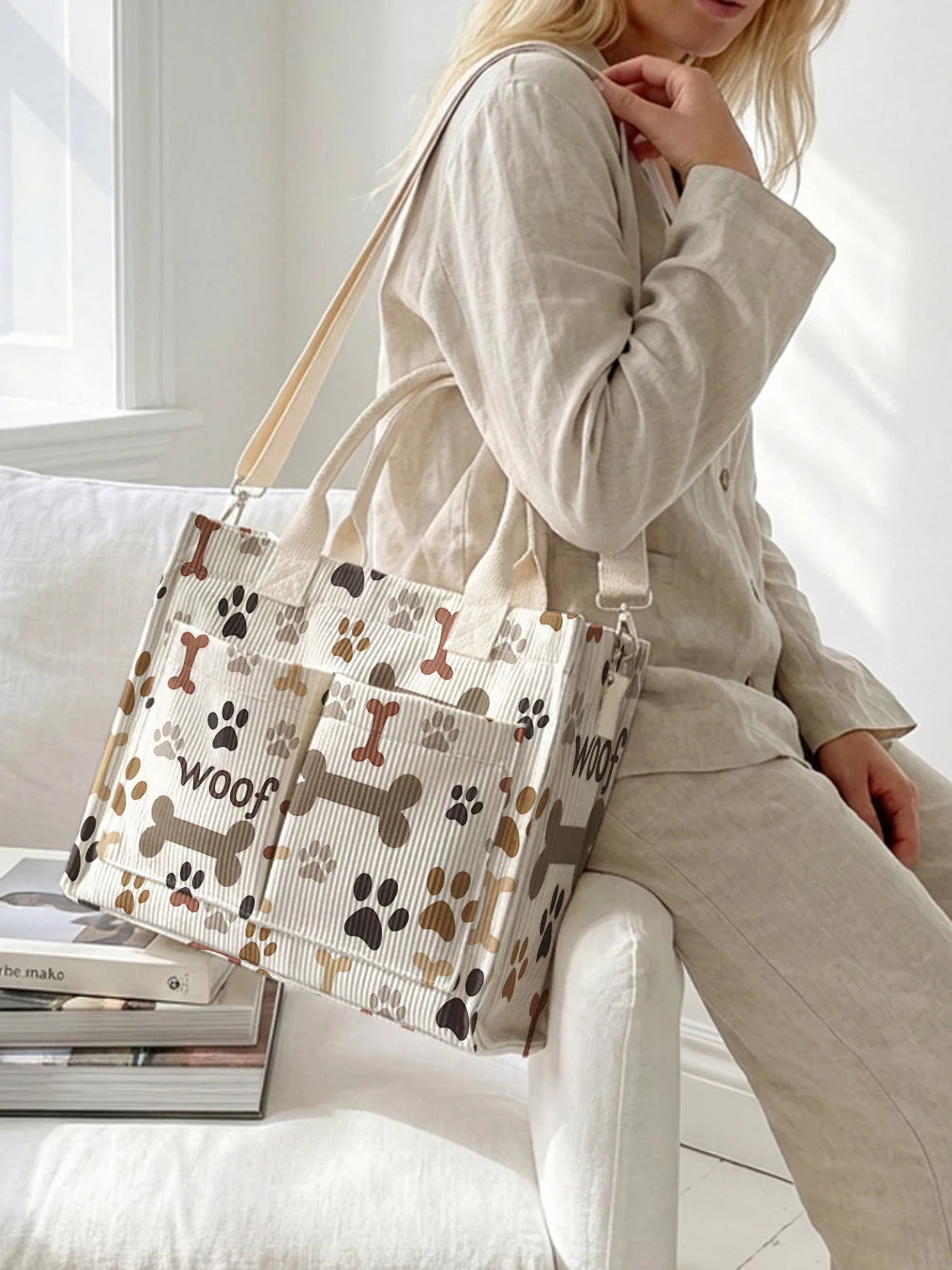 Sac en velours côtelé beige avec imprimé pattes de chien et os, grande capacité, plusieurs poches, sac à bandoulière pour le travail