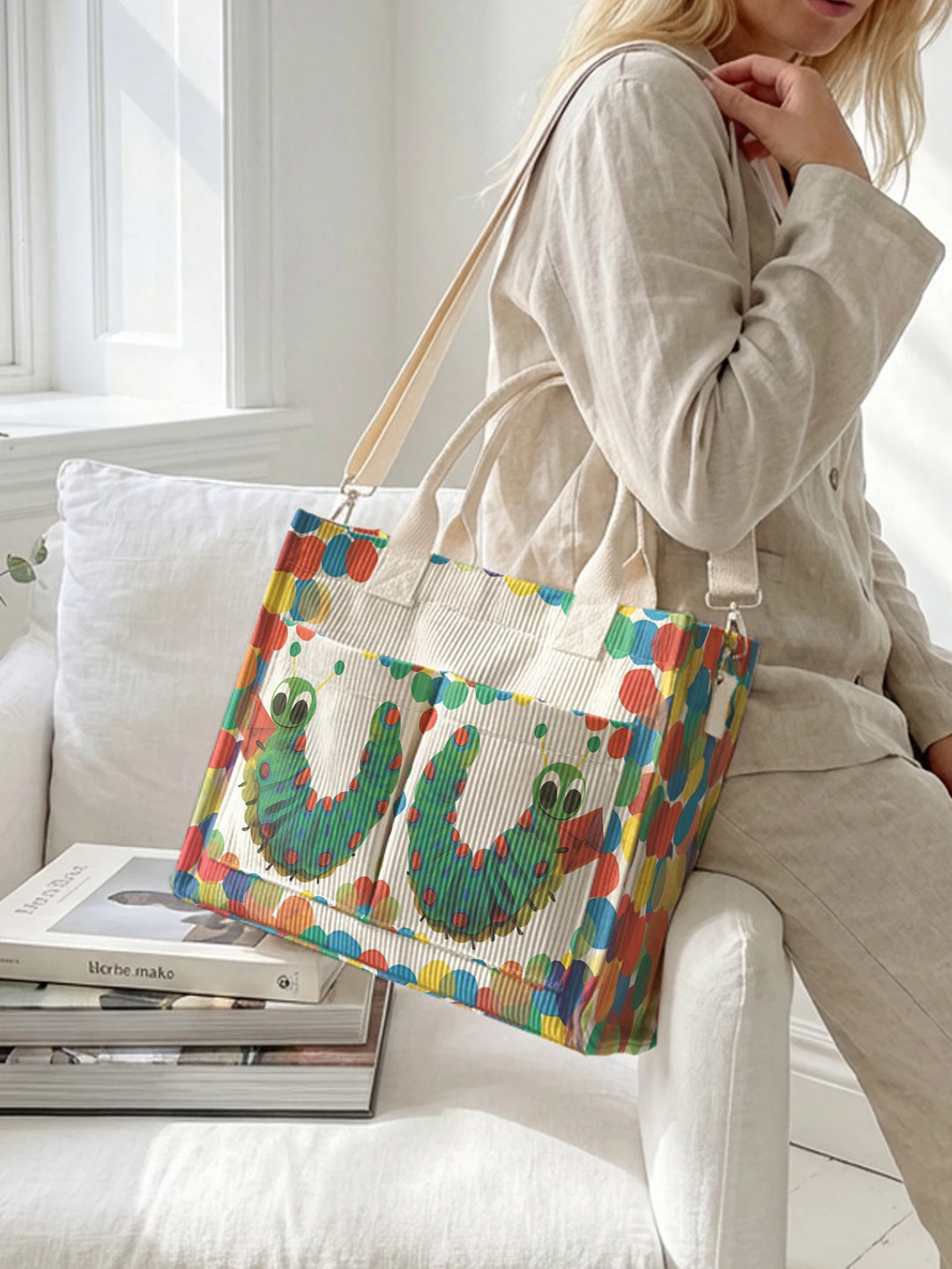 Sac en velours côtelé Hungry Caterpillar avec imprimé à pois, grande capacité, plusieurs poches, sac à bandoulière pour le travail