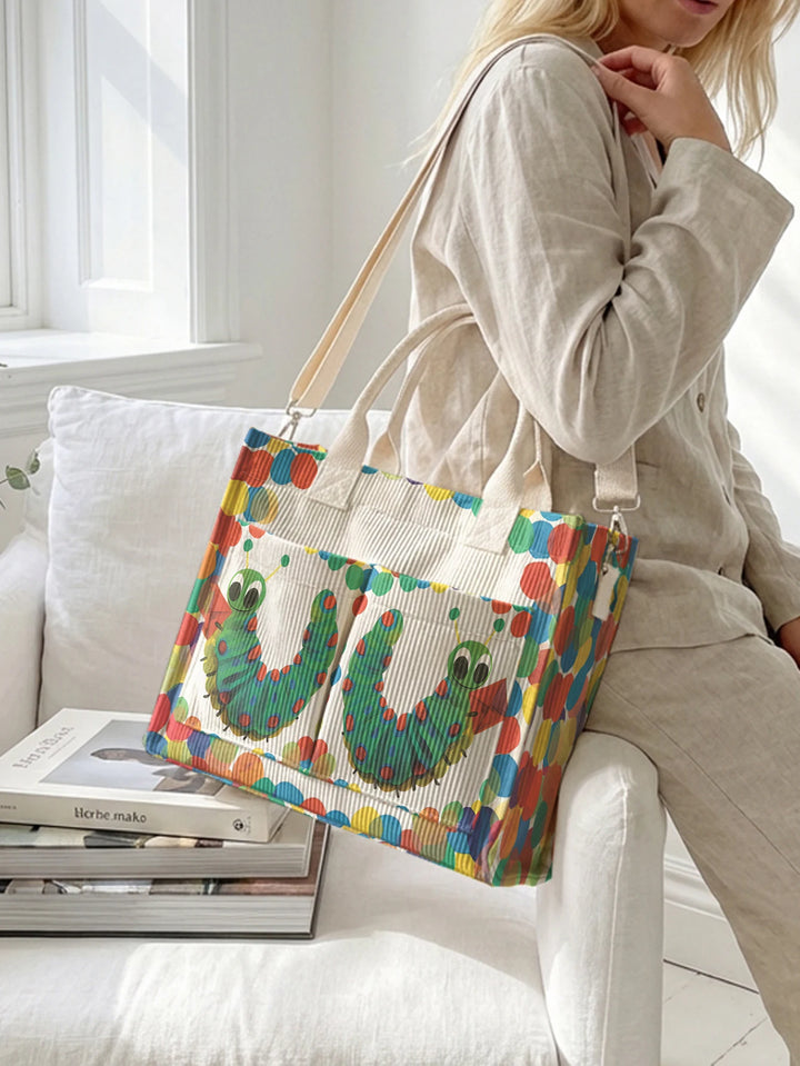 Sac en velours côtelé Hungry Caterpillar avec imprimé à pois, grande capacité, plusieurs poches, sac à bandoulière pour le travail