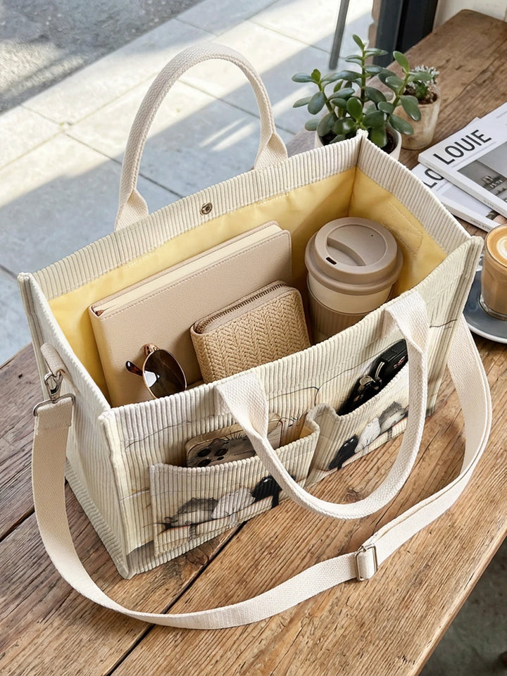 Sac à main en velours côtelé beige avec imprimé de chats, grande capacité et plusieurs poches pour les trajets domicile-travail