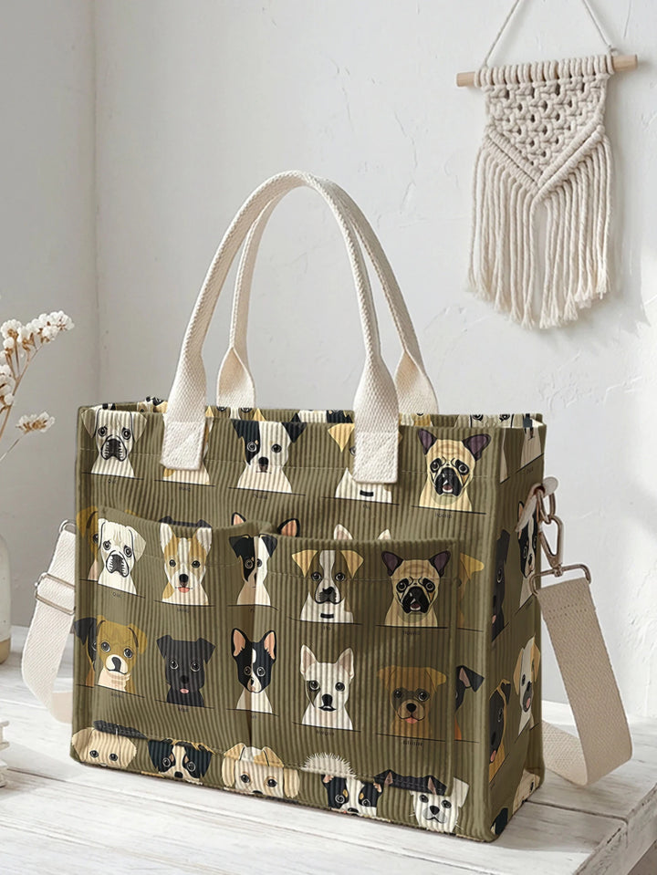Impression de races de chiens en cartoon sac en corduroy grande capacité multi-poches pour les amoureux des chiens sac à épaule