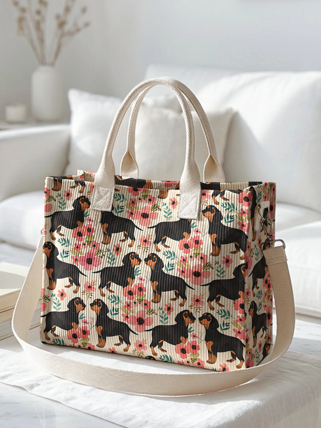 Sac fourre-tout en velours côtelé avec impression de teckel et floral Grande capacité Multi Poche Amoureux des chiens Sac à bandoulière pour le trajet