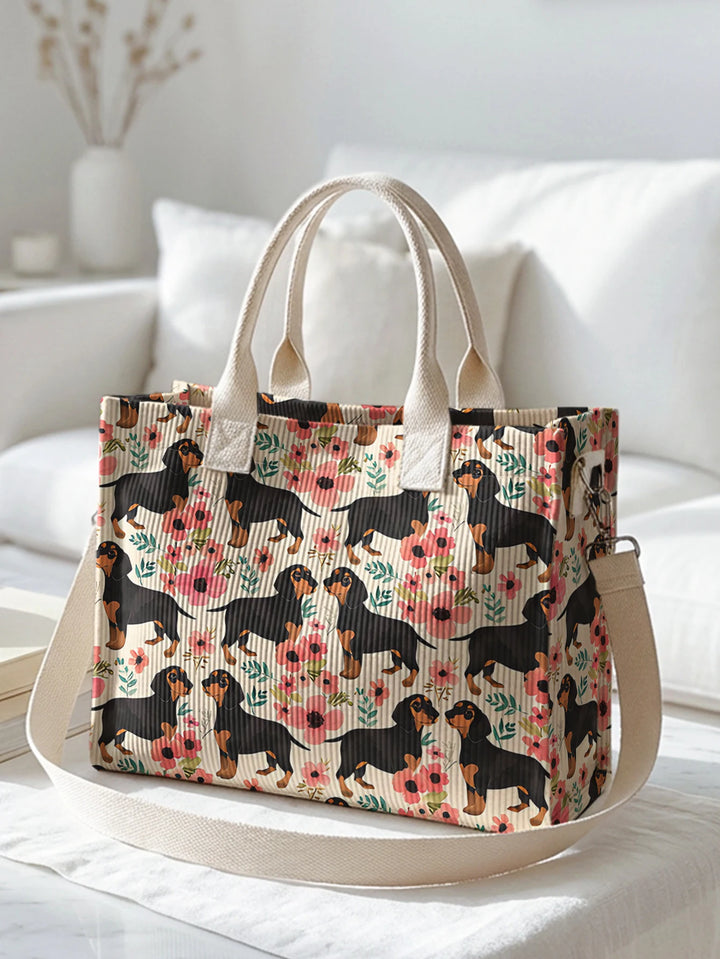 Sac fourre-tout en velours côtelé avec impression de teckel et floral Grande capacité Multi Poche Amoureux des chiens Sac à bandoulière pour le trajet