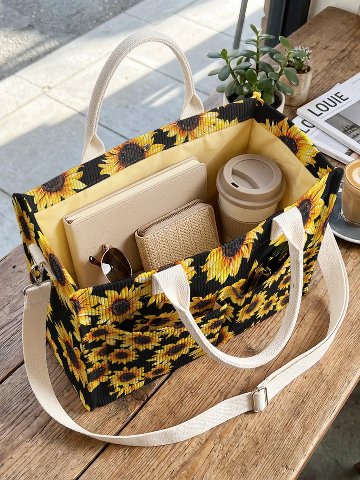 Sac à bandoulière en velours côtelé noir imprimé de tournesol Grande capacité Sac de transport pour navette avec plusieurs poches