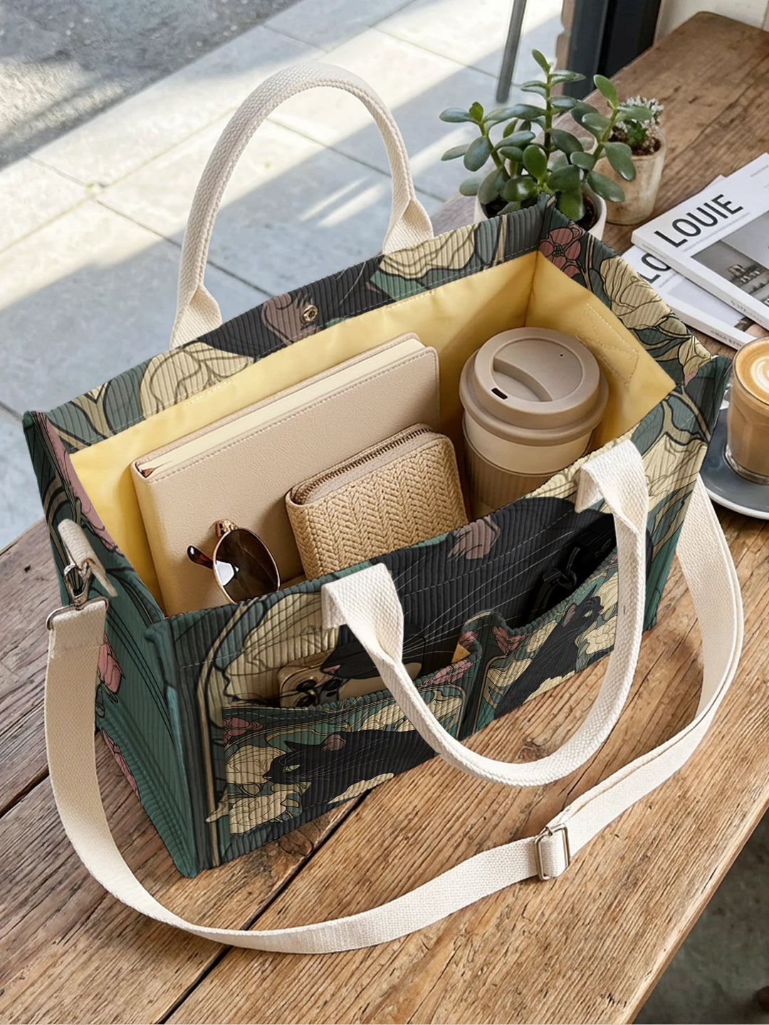 Sac à main en velours côtelé avec impression de chat noir et de fleurs, grande capacité et plusieurs poches pour les amoureux des chats, sac à bandoulière pour le travail