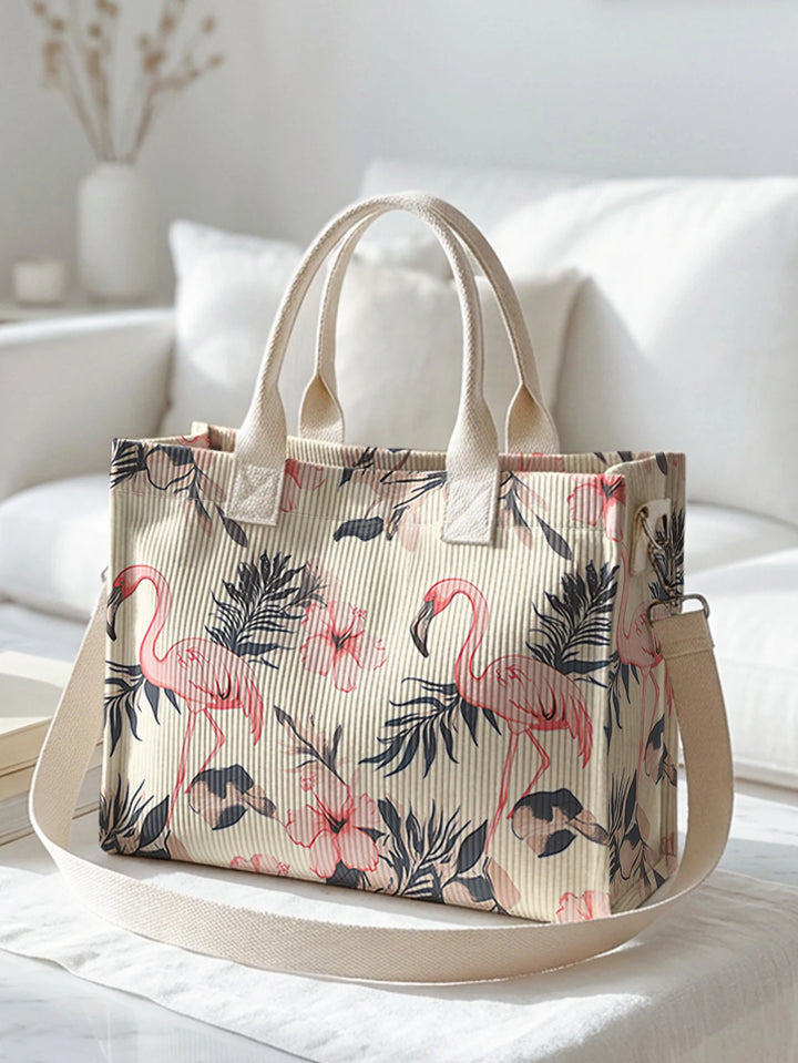 Sac à bandoulière en velours côtelé à imprimé flamant rose, grande capacité, avec plusieurs poches
