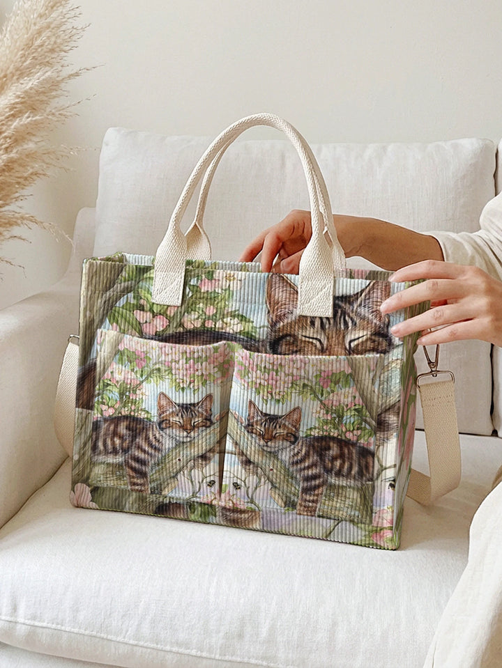 Sac fourre-tout en velours côtelé avec imprimé chat tigré et floral Grande capacité Sac à plusieurs poches pour les amateurs de chats Sac à bandoulière de commutation