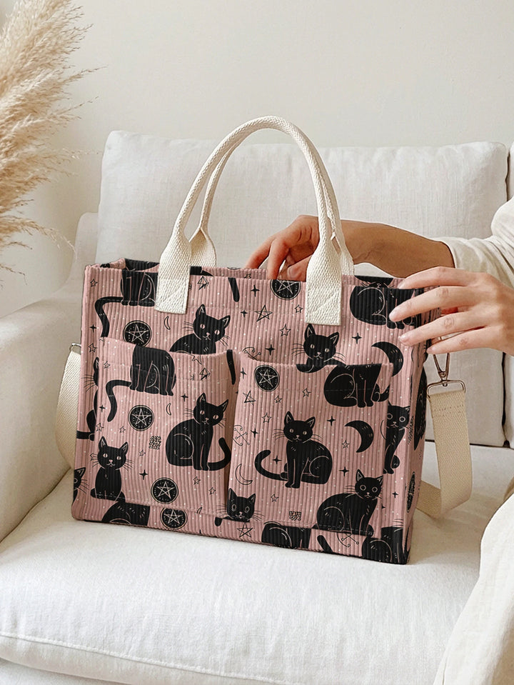 Sac à dos en corduroy avec impression de chats roses et noirs et ciel, grande capacité et plusieurs poches pour les amoureux des chats, sac à bandoulière pour le travail