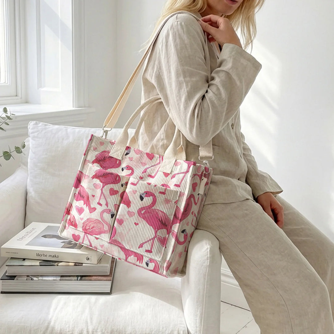 Sac à main en velours côtelé imprimé Flamant Rose & Cœur Grande capacité Multi Poche sac bandoulière amovible