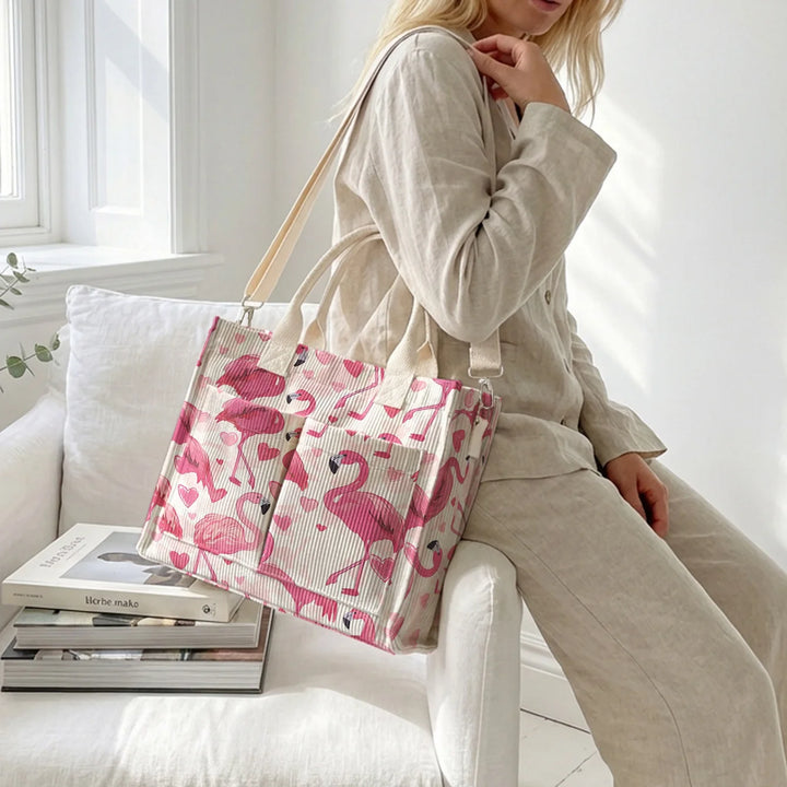 Sac à main en velours côtelé imprimé Flamant Rose & Cœur Grande capacité Multi Poche sac bandoulière amovible