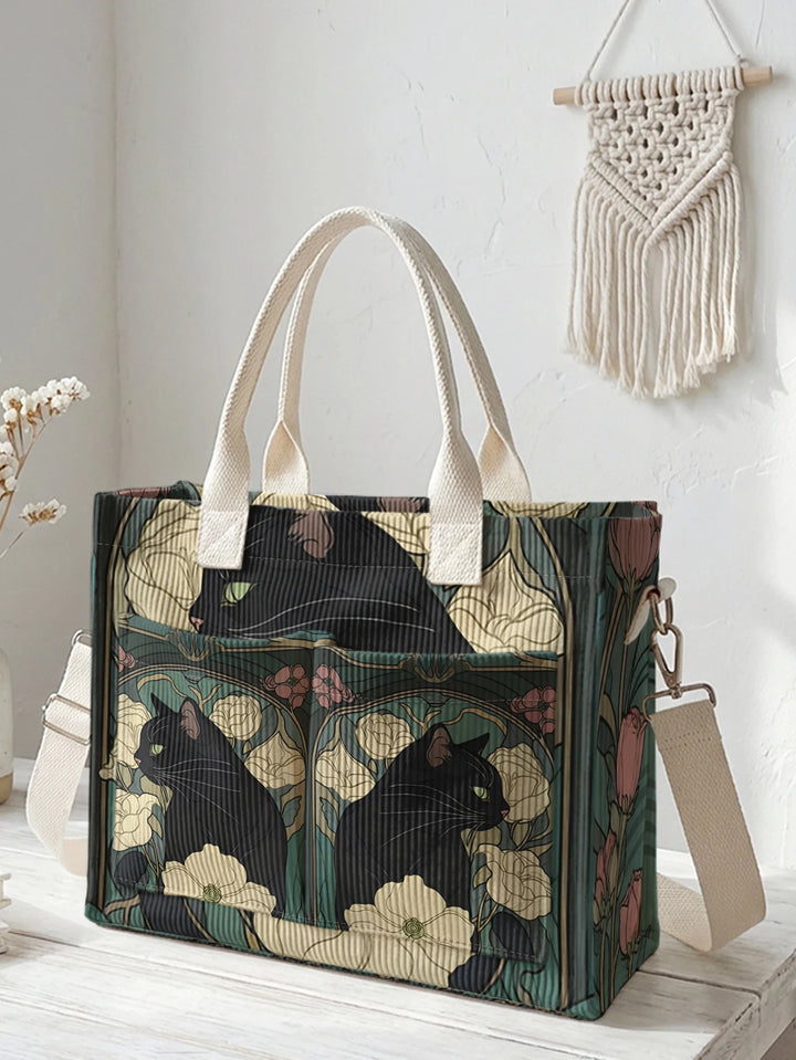 Sac à main en velours côtelé avec impression de chat noir et de fleurs, grande capacité et plusieurs poches pour les amoureux des chats, sac à bandoulière pour le travail