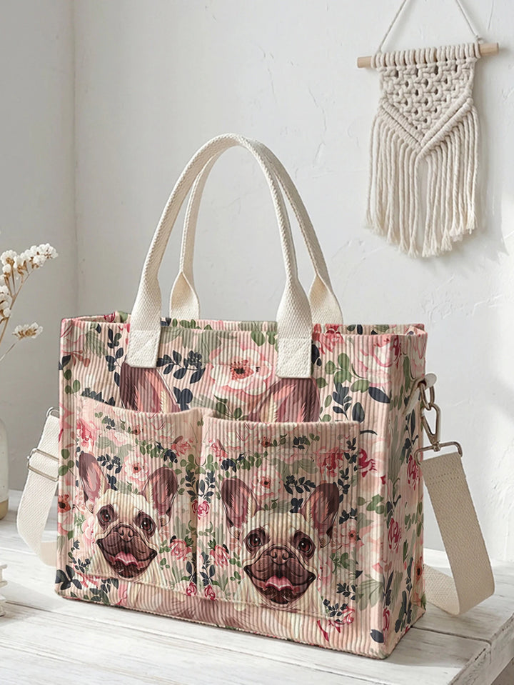 Sac en velours côtelé avec imprimé de bulldog français, grande capacité, plusieurs poches, sac à bandoulière pour les amoureux des chiens