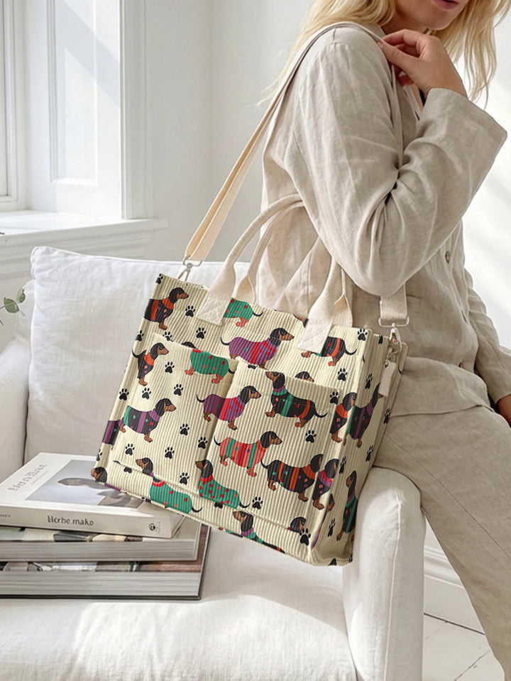 Sac en velours côtelé avec impression de teckel, grande capacité, plusieurs poches, pour les amoureux des chiens, sac à bandoulière pour le travail
