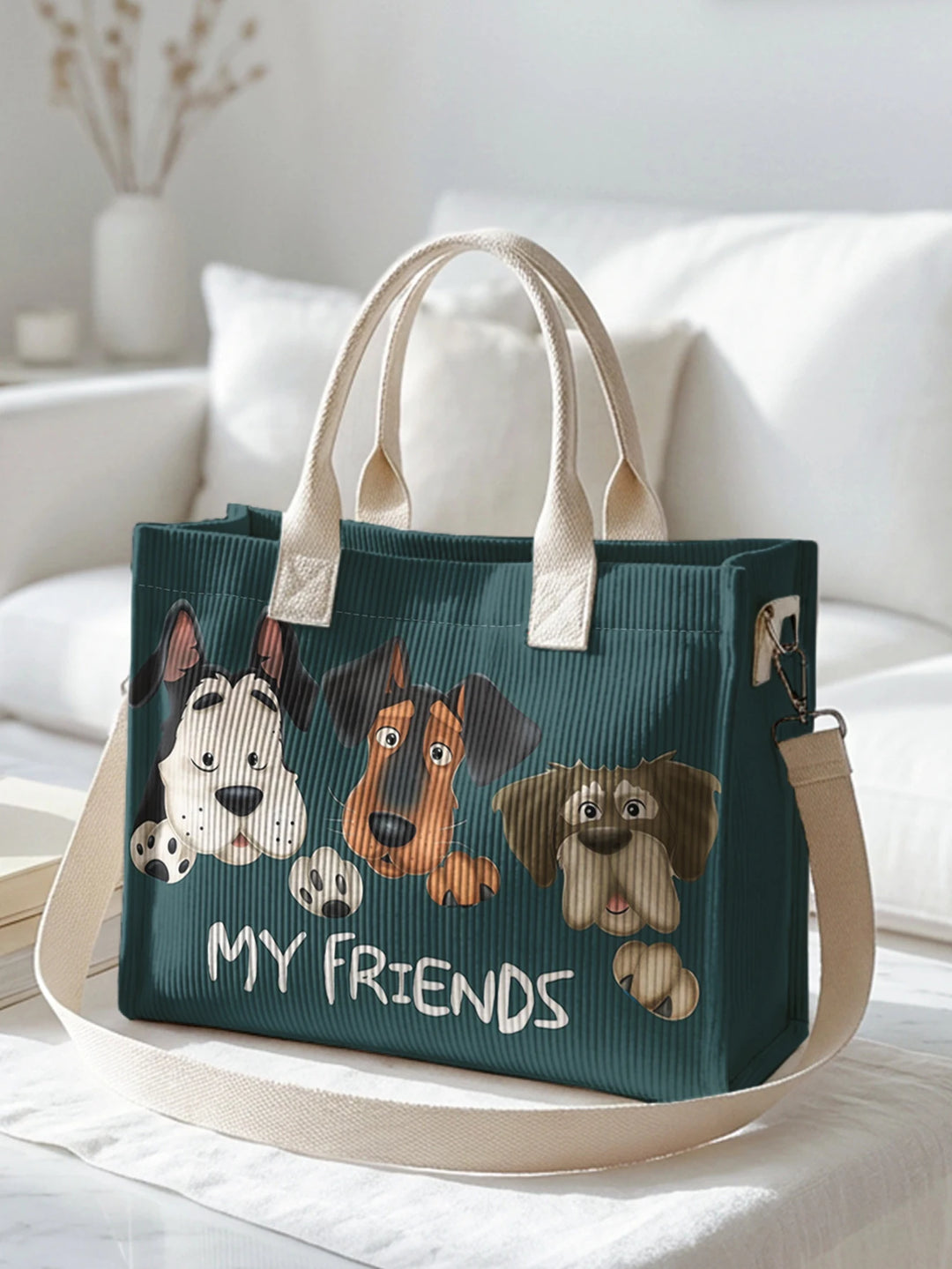 Sac fourre-tout en velours côtelé teal avec imprimé de chien cartoon Grande capacité Sac à bandoulière de transport avec plusieurs poches