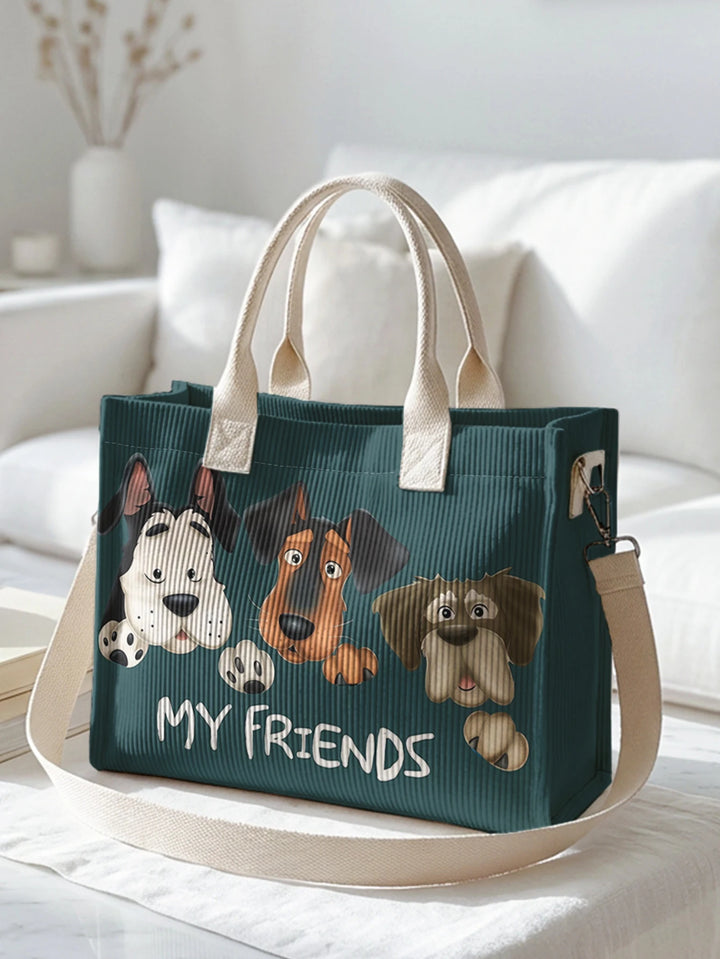 Sac fourre-tout en velours côtelé teal avec imprimé de chien cartoon Grande capacité Sac à bandoulière de transport avec plusieurs poches