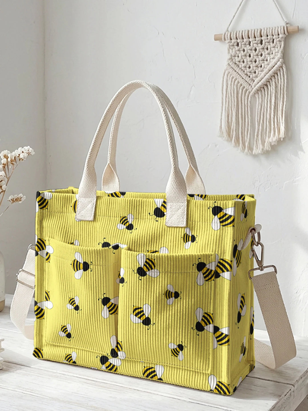Sac en velours côtelé avec impression de bourdon, grande capacité, plusieurs poches, sac à bandoulière pour les amoureux des abeilles