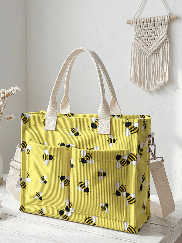 Sac en velours côtelé avec impression de bourdon, grande capacité, plusieurs poches, sac à bandoulière pour les amoureux des abeilles