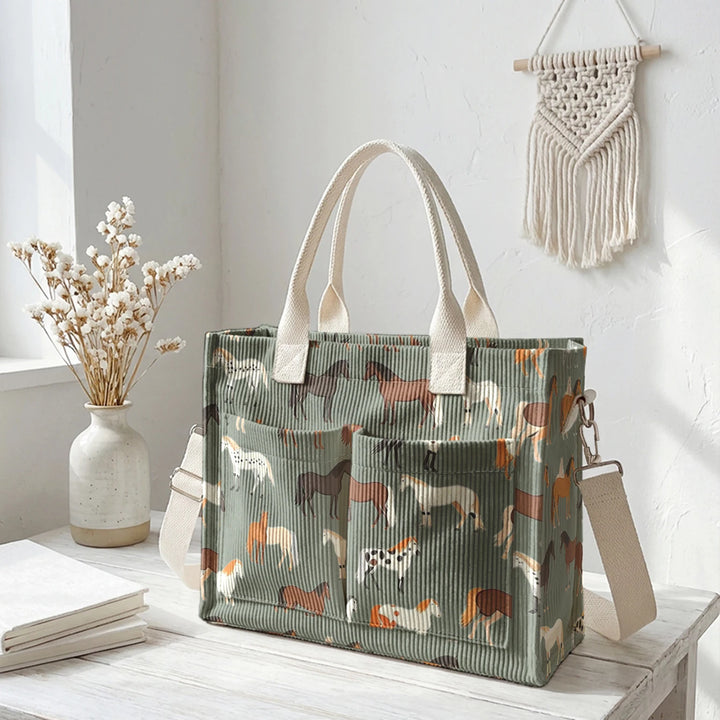 Sac en velours côtelé avec imprimé de chevaux, grande capacité, plusieurs poches, sac à bandoulière pour cavaliers et navetteurs