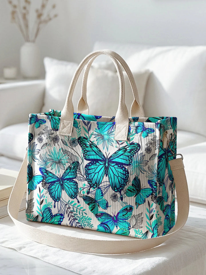 Sac à dos en velours côtelé avec imprimé papillon et fleurs, de couleur vive, grande capacité et plusieurs poches, sac à bandoulière pour les amoureux de la nature