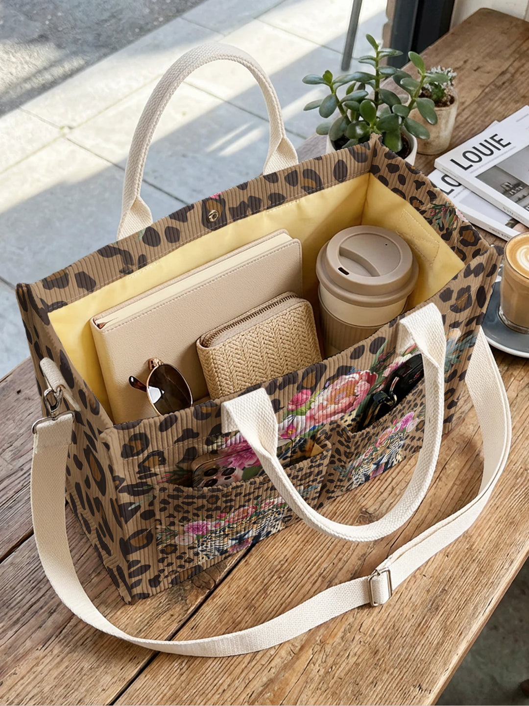 Sac en velours côtelé avec imprimé léopard fleuri, grande capacité, sac à bandoulière avec plusieurs poches