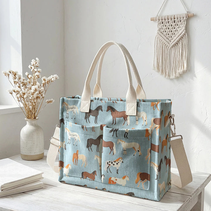 Sac en velours côtelé avec imprimé de chevaux, grande capacité, plusieurs poches, sac à bandoulière pour cavaliers et navetteurs