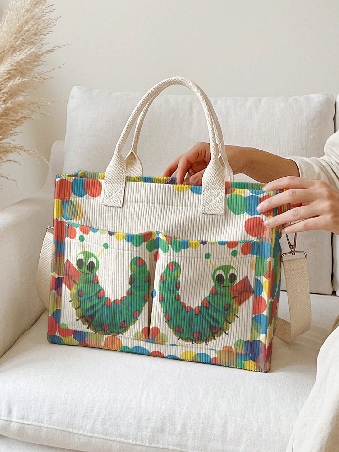 Sac en velours côtelé Hungry Caterpillar avec imprimé à pois, grande capacité, plusieurs poches, sac à bandoulière pour le travail