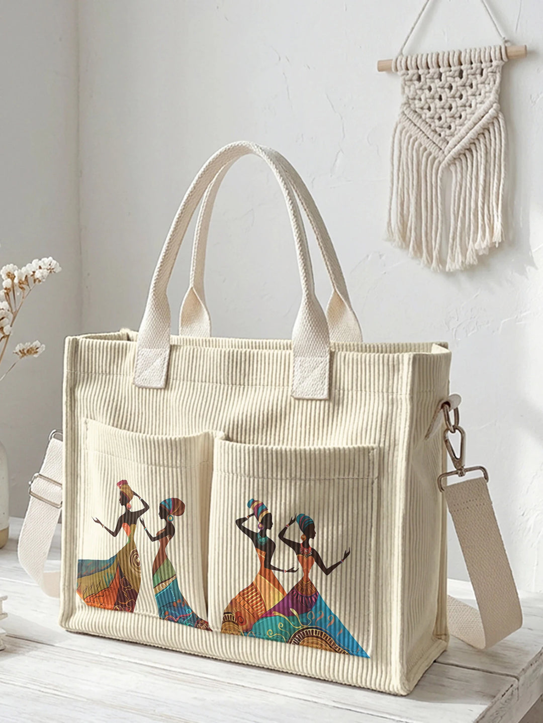 Impression d'art tribal de femmes africaines sac en velours côtelé grande capacité multi-poches sac à bandoulière ethnique