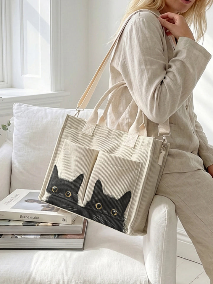 Sac fourre-tout en velours côtelé avec impression de chats noirs espions Grande capacité Multi Poche Sac à bandoulière pour amoureux des chats