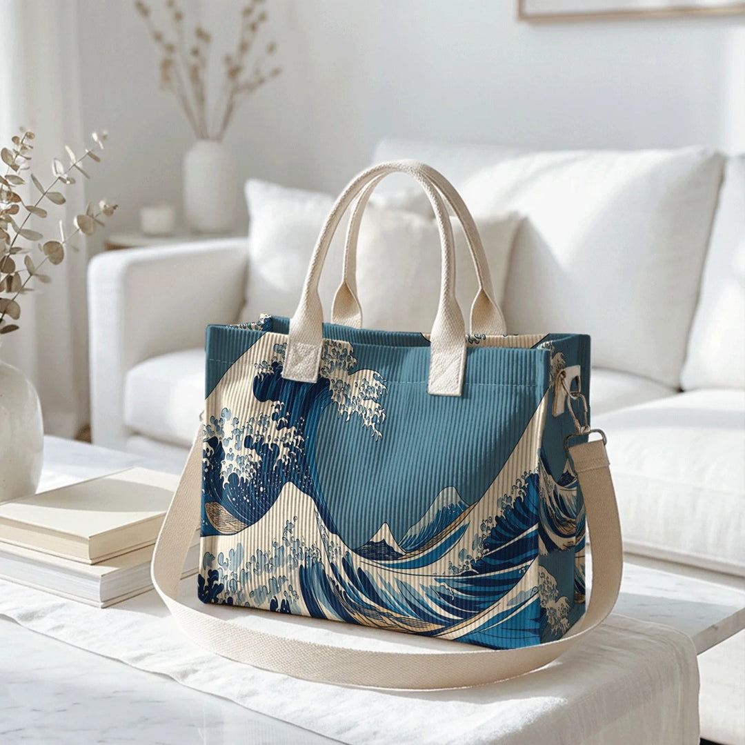 Sac en velours côtelé Ukiyo-e avec impression de vagues, grande capacité, plusieurs poches, sac bandoulière amovible