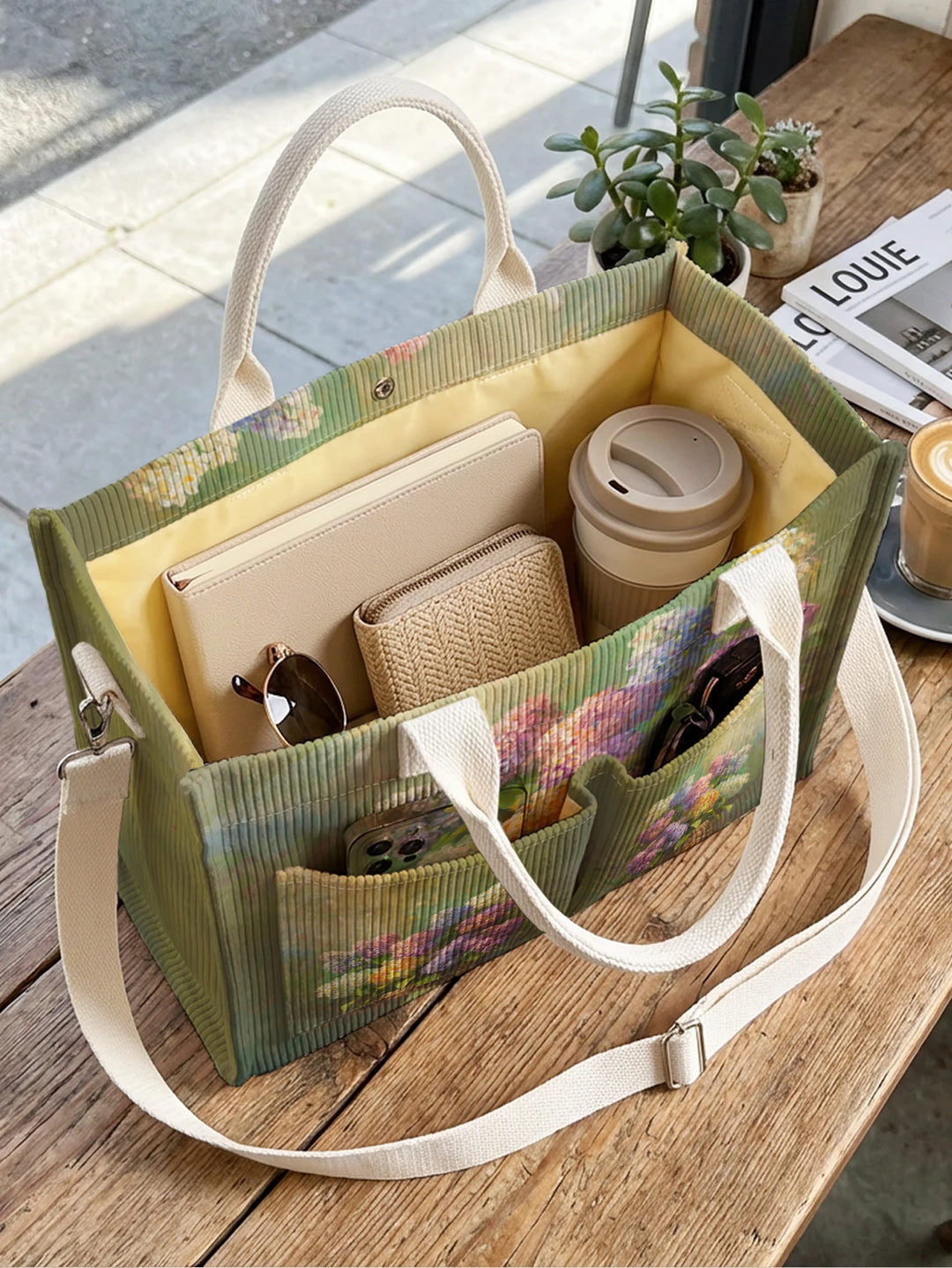 Sac à bandoulière en velours côtelé avec impression de fleurs d'hortensia vintage, grande capacité, multi-poches, pour les amateurs d'art et les navetteurs
