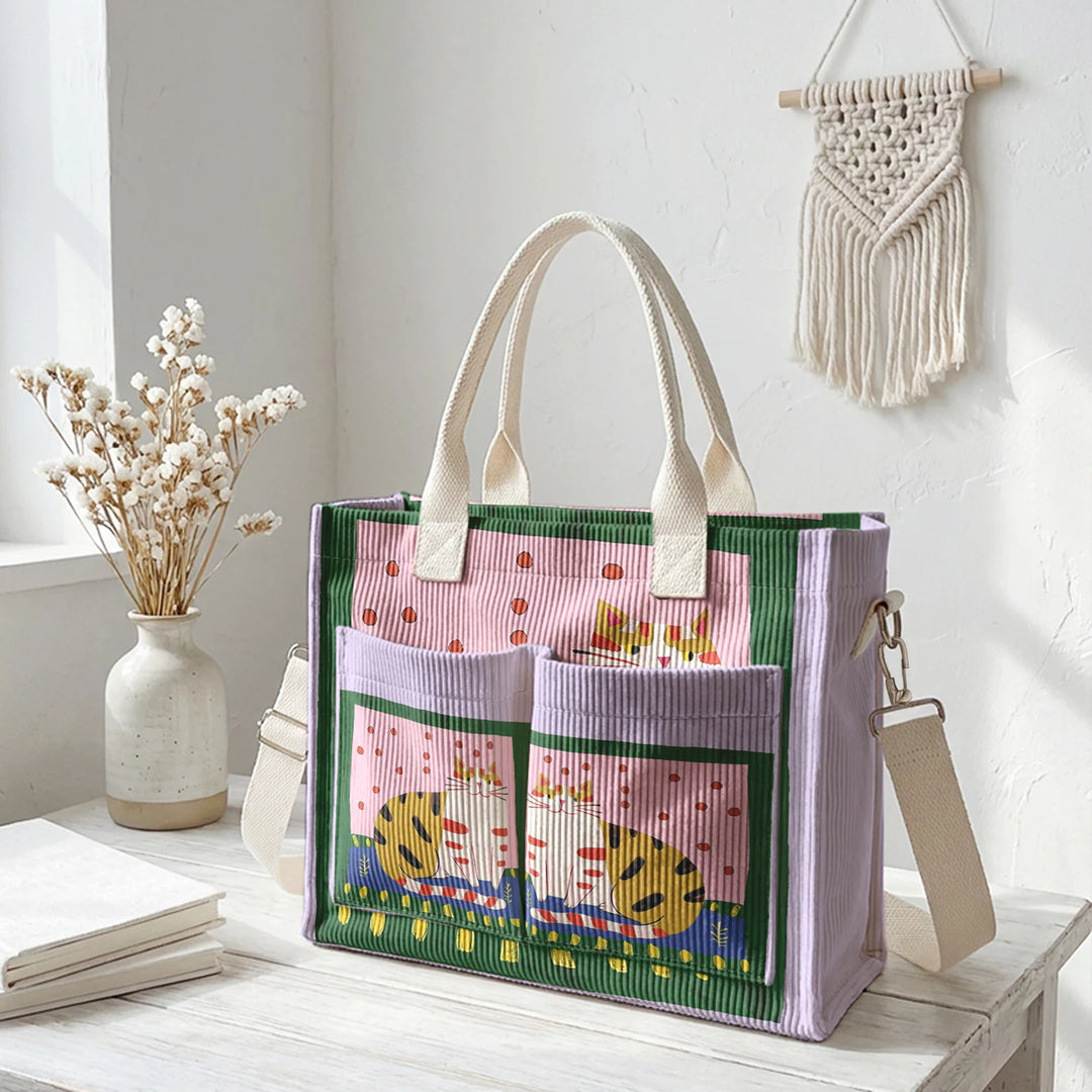 Sac fourre-tout en velours côtelé avec impression d'art populaire vintage - Grande capacité - Sac à plusieurs poches pour amoureux des chats - Sac à bandoulière pour le trajet
