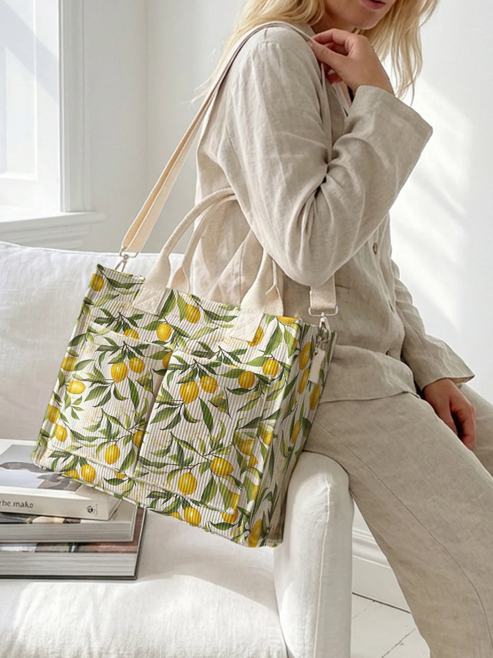 Sac en velours côtelé avec imprimé citron et feuilles, grande capacité, sac à bandoulière avec plusieurs poches