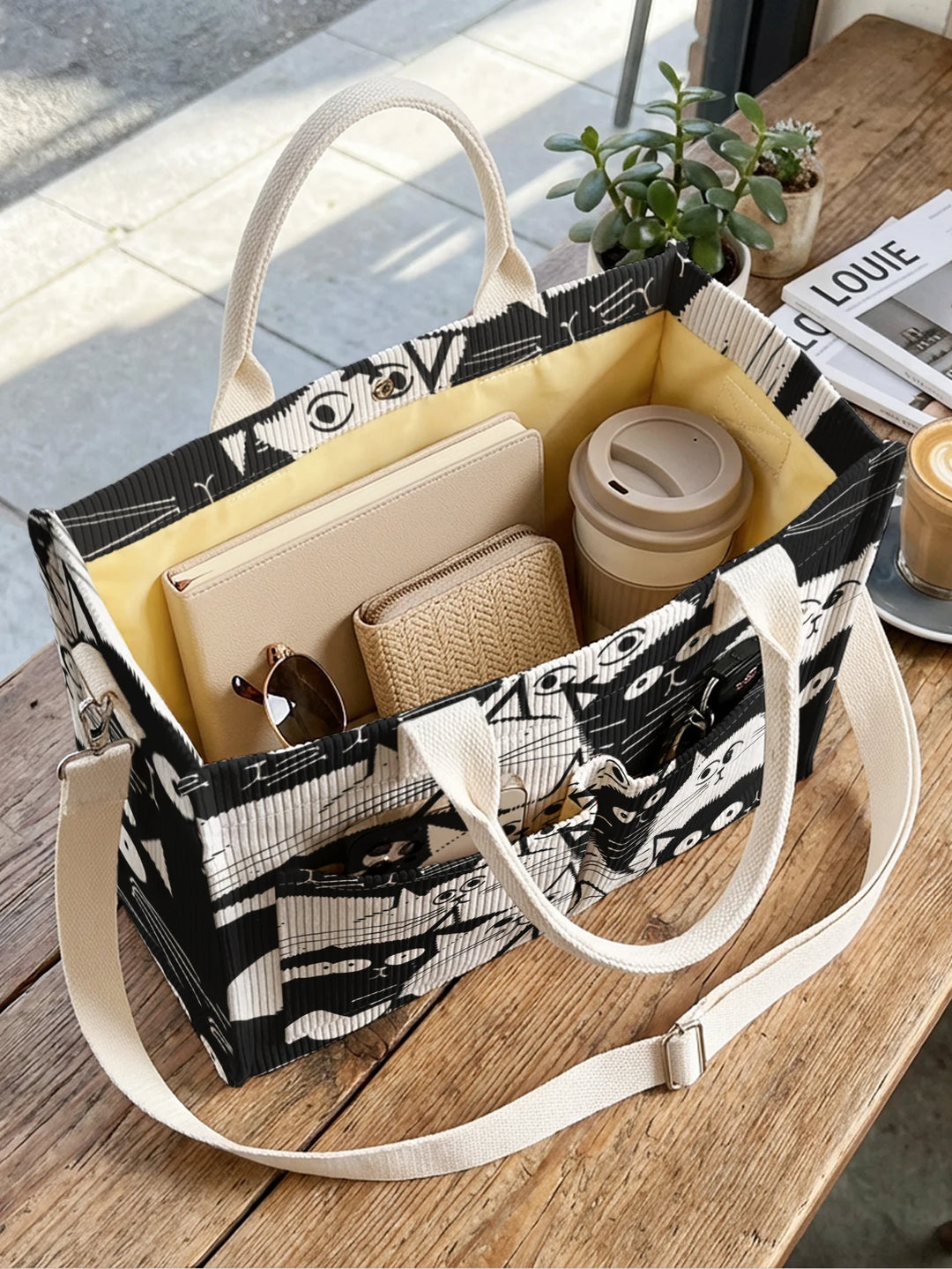 Sac à bandoulière en velours côtelé avec impression de chats en cartoon noir et blanc, grande capacité et plusieurs poches pour les amoureux des chats, sac pour le travail