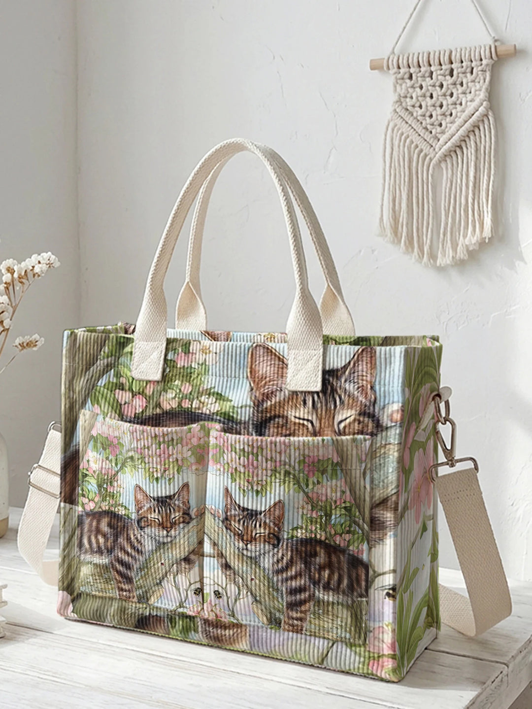 Sac fourre-tout en velours côtelé avec imprimé chat tigré et floral Grande capacité Sac à plusieurs poches pour les amateurs de chats Sac à bandoulière de commutation