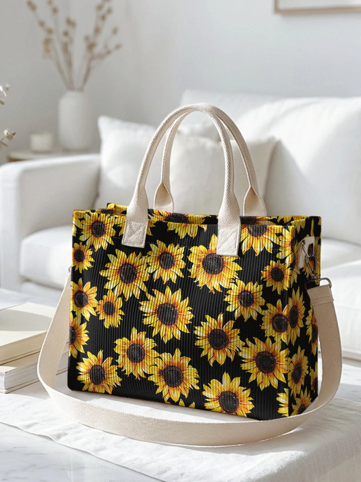 Sac à bandoulière en velours côtelé noir imprimé de tournesol Grande capacité Sac de transport pour navette avec plusieurs poches