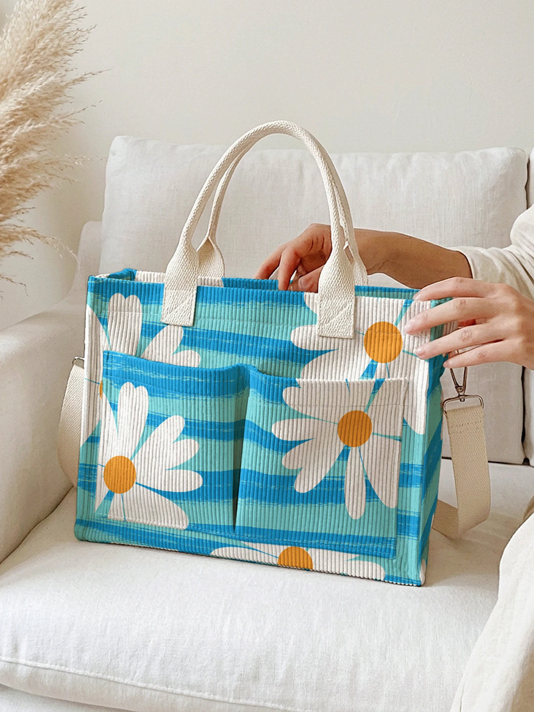 Sac en velours côtelé rayé bleu avec imprimé marguerites, grande capacité, plusieurs poches, sac à bandoulière pour les amoureux des fleurs