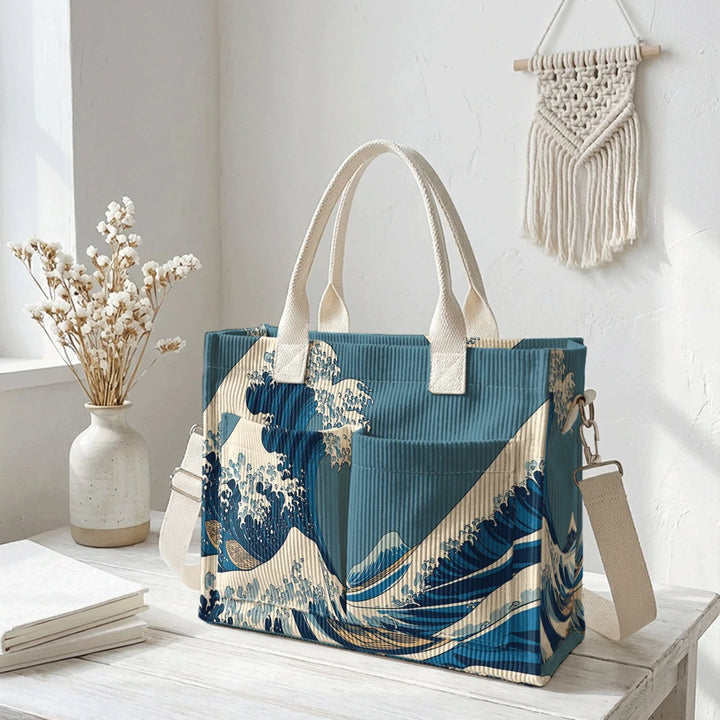 Sac en velours côtelé Ukiyo-e avec impression de vagues, grande capacité, plusieurs poches, sac bandoulière amovible