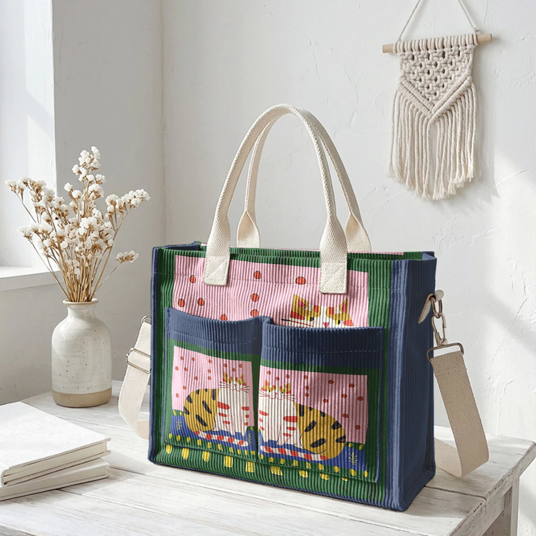 Sac fourre-tout en velours côtelé avec impression d'art populaire vintage - Grande capacité - Sac à plusieurs poches pour amoureux des chats - Sac à bandoulière pour le trajet