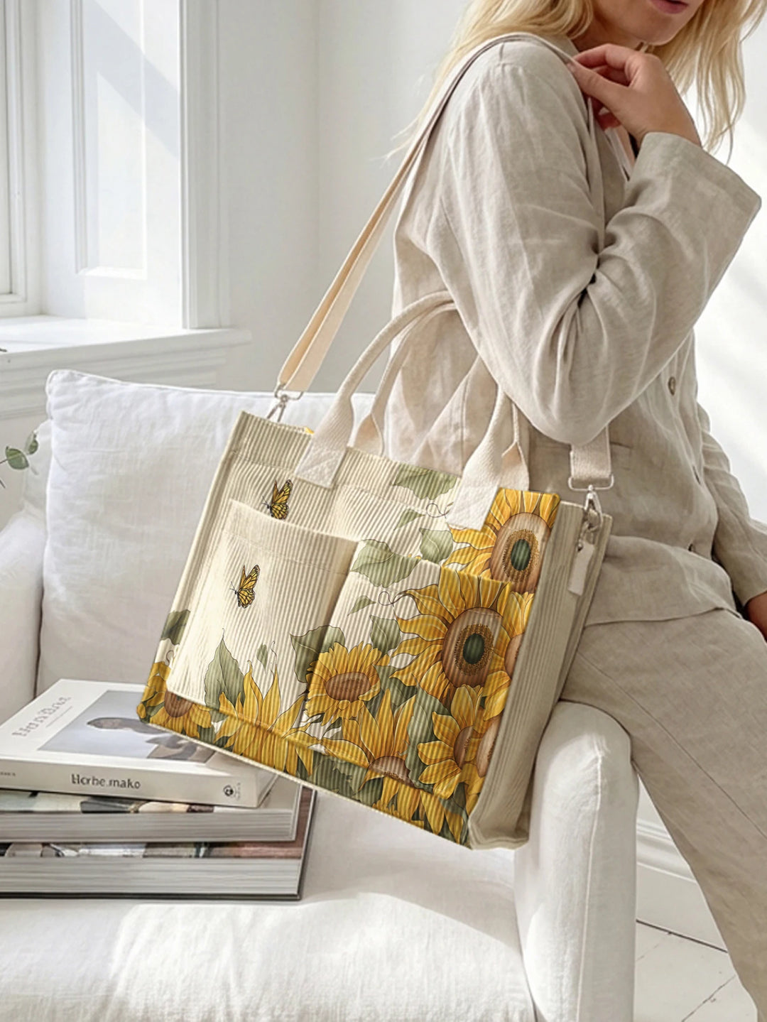 Sac en velours côtelé vintage avec impression de tournesol et de papillon, grande capacité, sac à bandoulière avec plusieurs poches