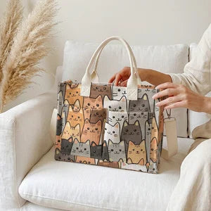 Tote bag en velours côtelé avec impression de chatons empilés, grande capacité, plusieurs poches, sac à bandoulière amovible