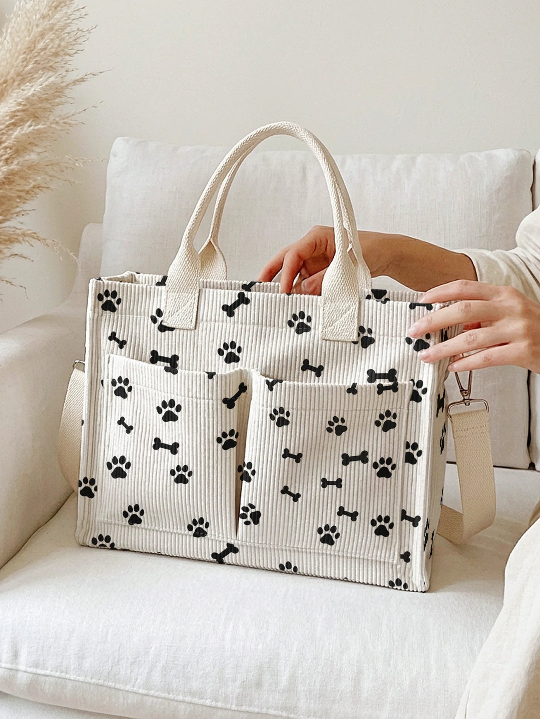 Sac à bandoulière en corduroy avec empreinte de patte de chien et d'os Grande capacité Sac à main multi-poches pour les amoureux des chiens
