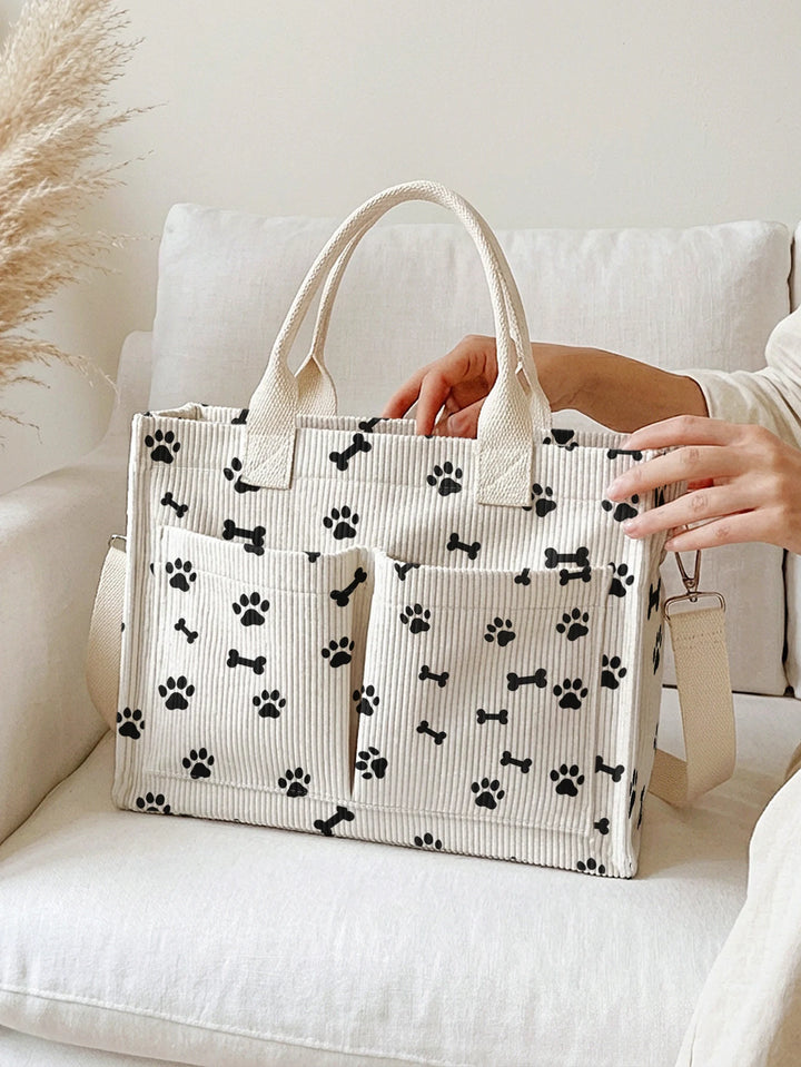 Sac à bandoulière en corduroy avec empreinte de patte de chien et d'os Grande capacité Sac à main multi-poches pour les amoureux des chiens
