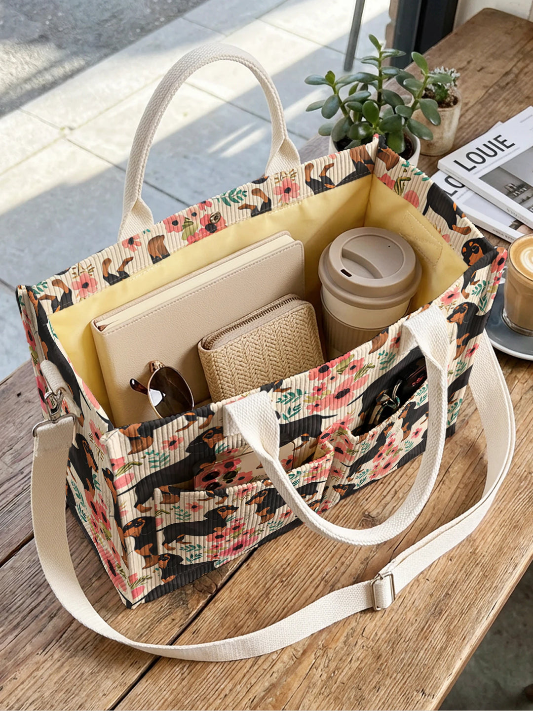 Sac fourre-tout en velours côtelé avec impression de teckel et floral Grande capacité Multi Poche Amoureux des chiens Sac à bandoulière pour le trajet
