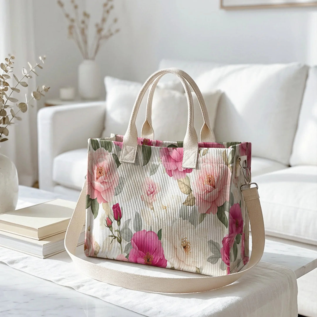 Sac fourre-tout en velours côtelé imprimé fleurs Pioenroos Grande capacité Multi Poche Bandoulière amovible