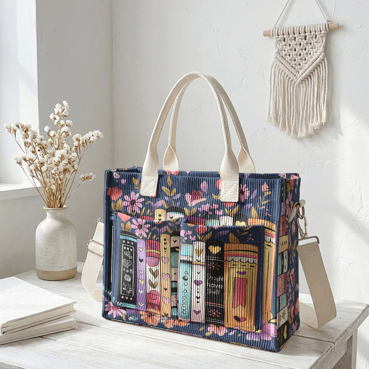 Sac à bandoulière en velours côtelé avec impression de livres et de fleurs, grande capacité, sac à main avec plusieurs poches