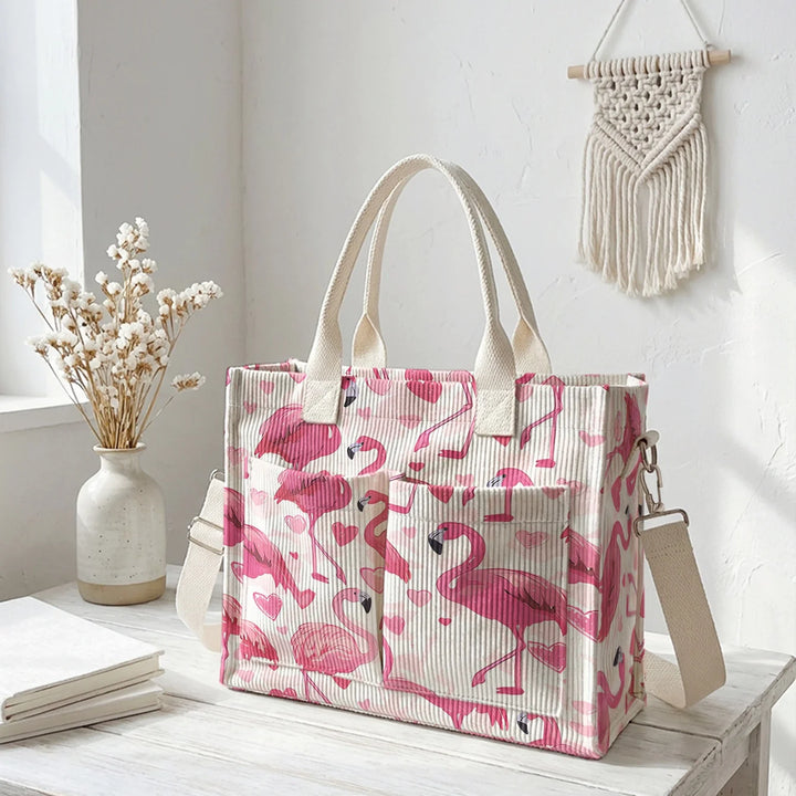 Sac à main en velours côtelé imprimé Flamant Rose & Cœur Grande capacité Multi Poche sac bandoulière amovible