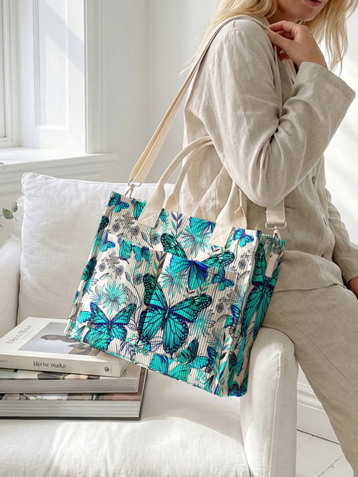 Sac à dos en velours côtelé avec imprimé papillon et fleurs, de couleur vive, grande capacité et plusieurs poches, sac à bandoulière pour les amoureux de la nature