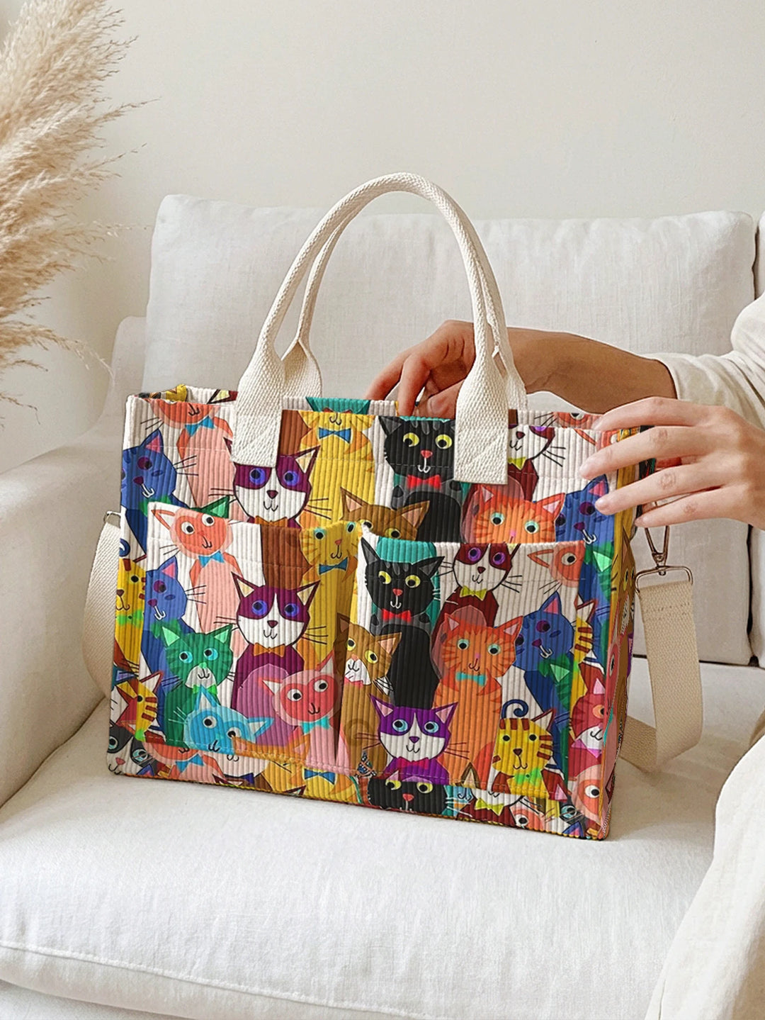 Sac à bandoulière en velours côtelé avec impression de chats colorés, grande capacité, multi-poches pour les amoureux des chats