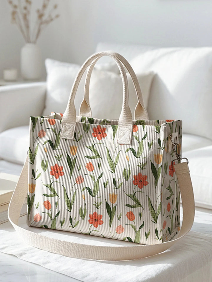 Sac à main en velours côtelé imprimé de fleurs de tulipes Grande capacité sac à bandoulière avec plusieurs poches