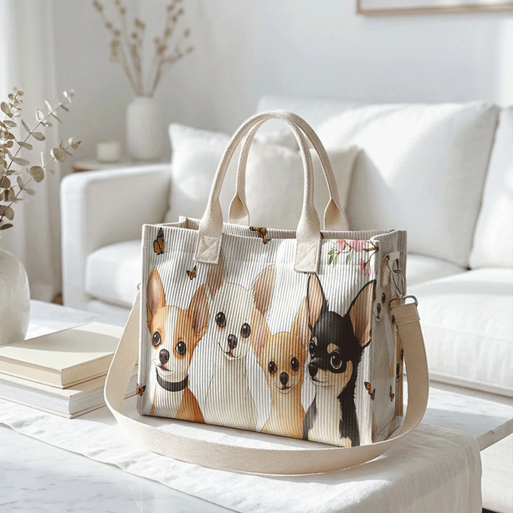 Sac en velours côtelé avec imprimé chihuahua et papillon, grande capacité, plusieurs poches, sac à bandoulière amovible
